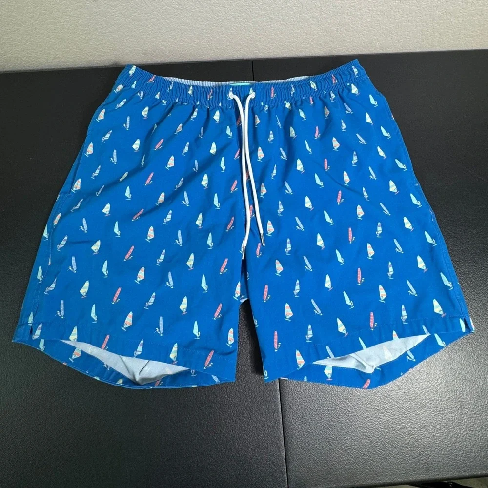 BONOBOS Mens Swim Trunks Blue Windsurf Print Elastic Waist Drawstring Size L